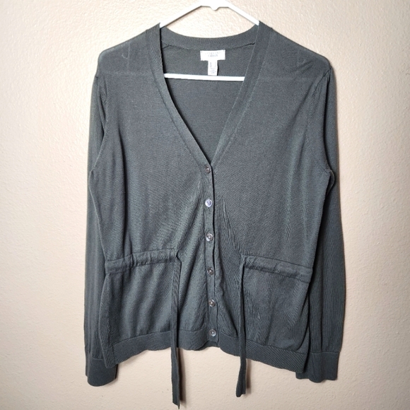 Lands End Womens Olive 100% Cotton Buttonfront Tie Waist Cardigan-Size L - Picture 1 of 6
